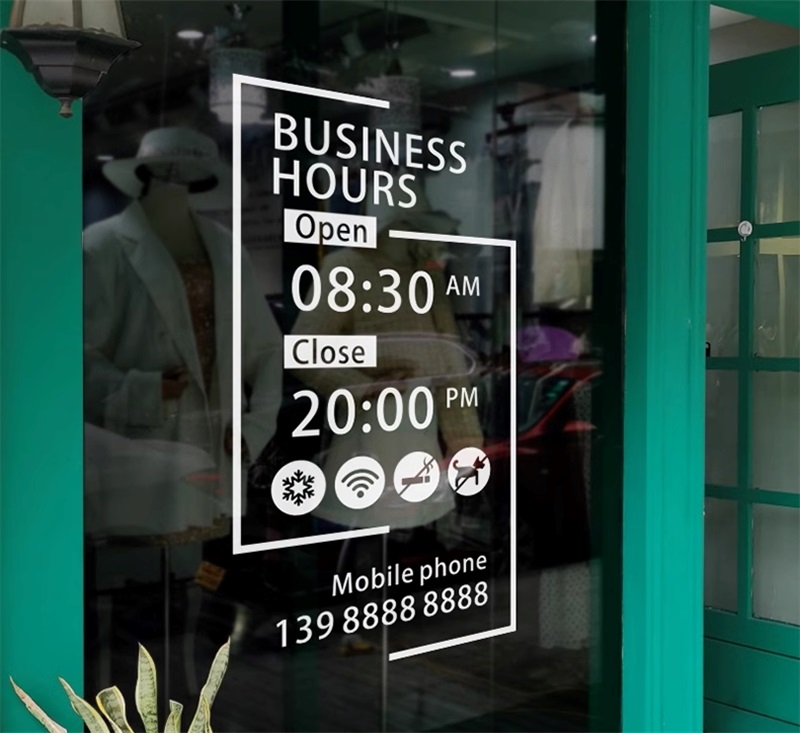 UV彩印店鋪營業(yè)時間透明貼紙歡迎光臨靜電玻璃貼